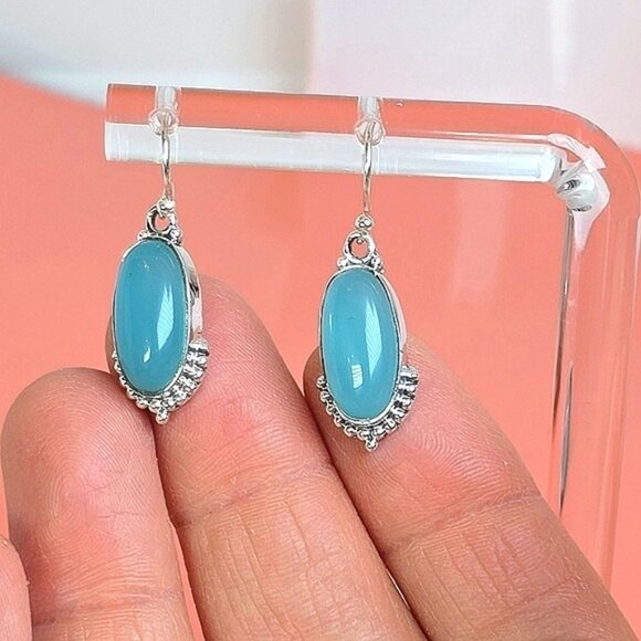 925 Sterling Silver Earrings with Natural Chalcedony 7x16mm - Picture 5 of 8